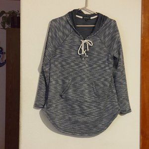 WOMEN'S THERMAL KNIT PULLOVER HOODED KANGAROO POCKET GREEN WHITE SIZE LARGE TOP